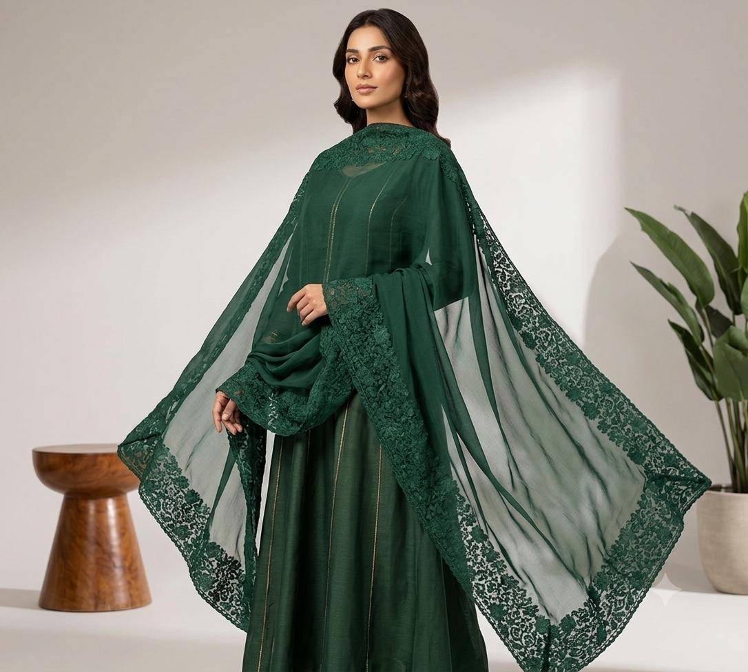 Kashmiri Chiffon Dupatta - Green Color