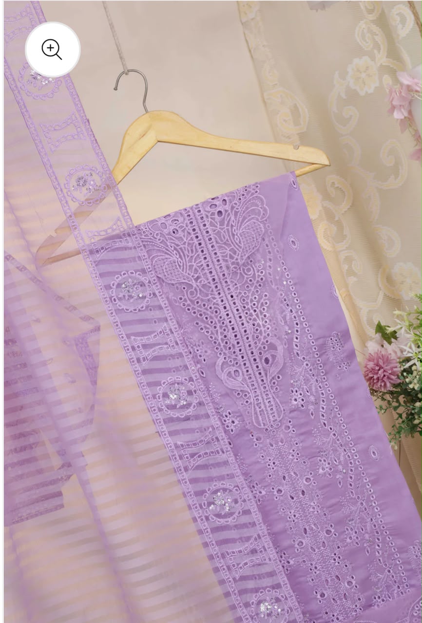 3 Pcs  – Embroidered Cotton Lawn  with Patches and Ready to Wear Organza Dupatta