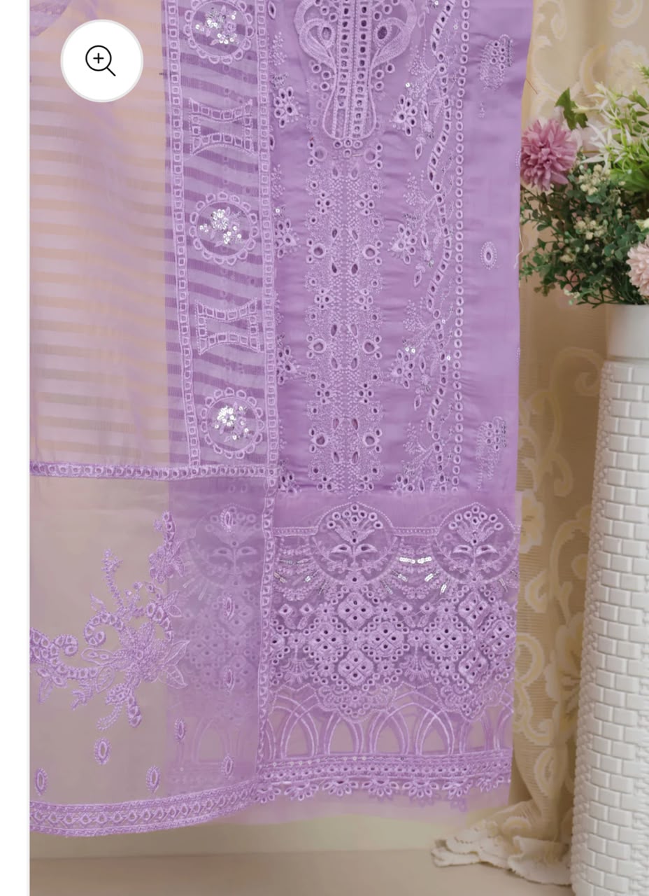 3 Pcs  – Embroidered Cotton Lawn  with Patches and Ready to Wear Organza Dupatta